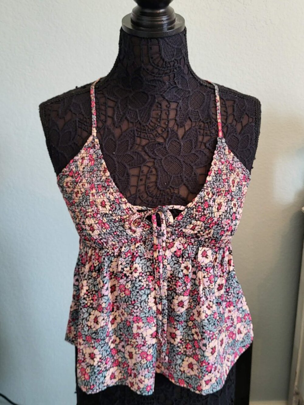 American Eagle Floral Smocked Spaghetti Strap Midi Top-Pink Multi Size Small